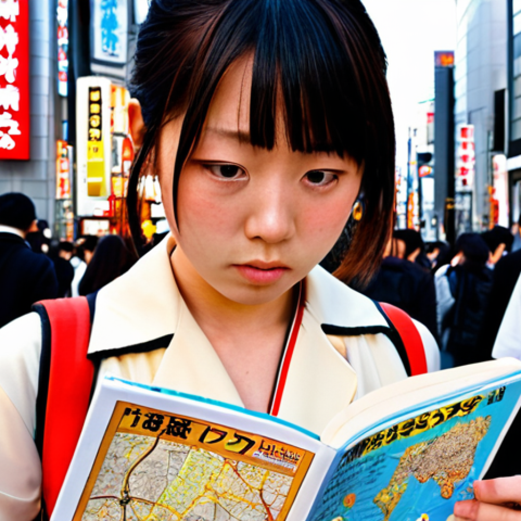 **Image:** A young woman standing in a bustling Tokyo street (Shibuya Crossing could be a good visual reference), looking slightly overwhelmed but also determined. She's holding a Japanese phrasebook and a map. The background should be filled with neon signs, crowds of people, and glimpses of traditional Japanese architecture. The overall tone is vibrant and slightly challenging, reflecting the initial stages of adapting to a new culture.