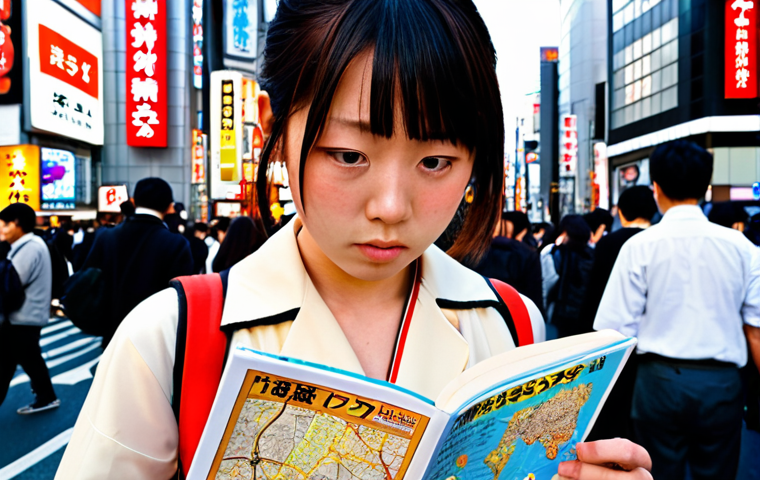 **Image:** A young woman standing in a bustling Tokyo street (Shibuya Crossing could be a good visual reference), looking slightly overwhelmed but also determined. She's holding a Japanese phrasebook and a map. The background should be filled with neon signs, crowds of people, and glimpses of traditional Japanese architecture. The overall tone is vibrant and slightly challenging, reflecting the initial stages of adapting to a new culture.