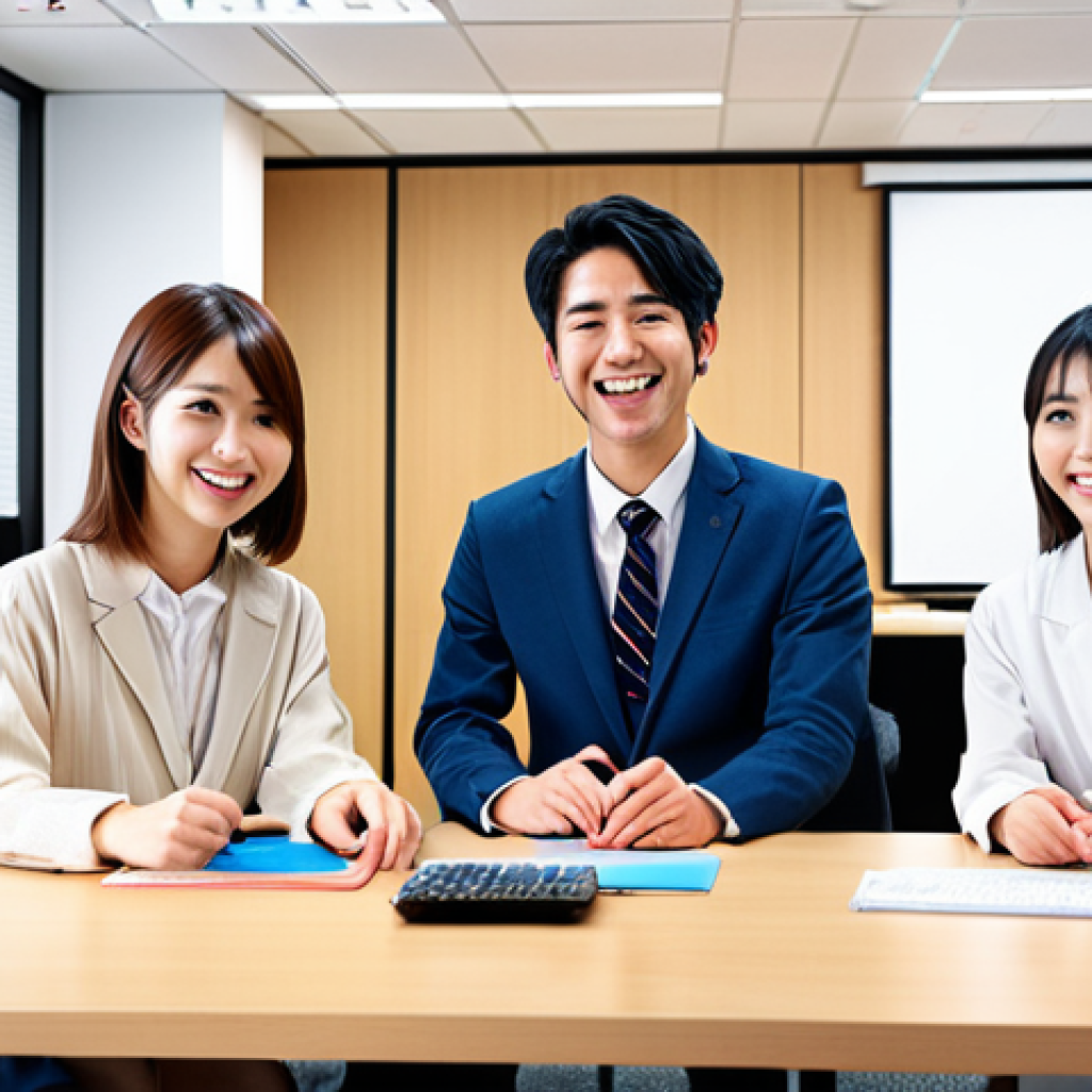 **A young professional happily working in a modern office in Japan, surrounded by Japanese colleagues.** (Focus: Career opportunities after learning Japanese)