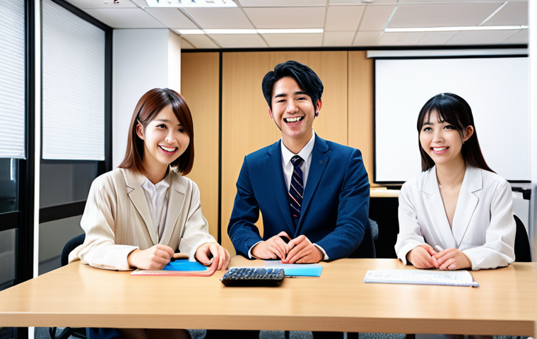 **A young professional happily working in a modern office in Japan, surrounded by Japanese colleagues.** (Focus: Career opportunities after learning Japanese)